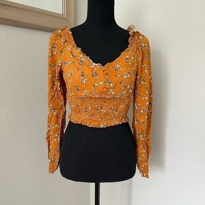 Elodie Crop Top Orange Rust Floral Long Sleeve Smocked Top
